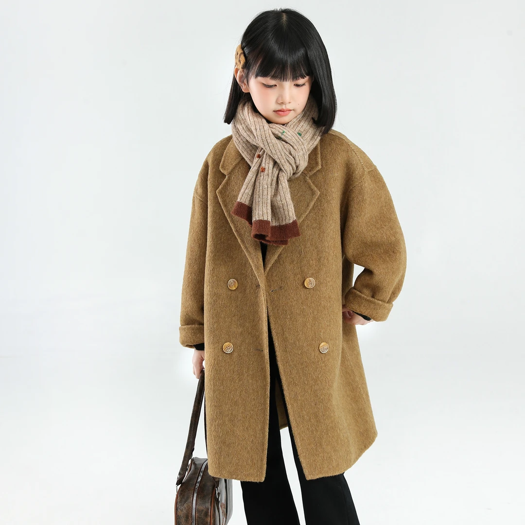【70毛高定款】象小爸2025秋冬新款双面呢小女孩长款三色毛呢外套