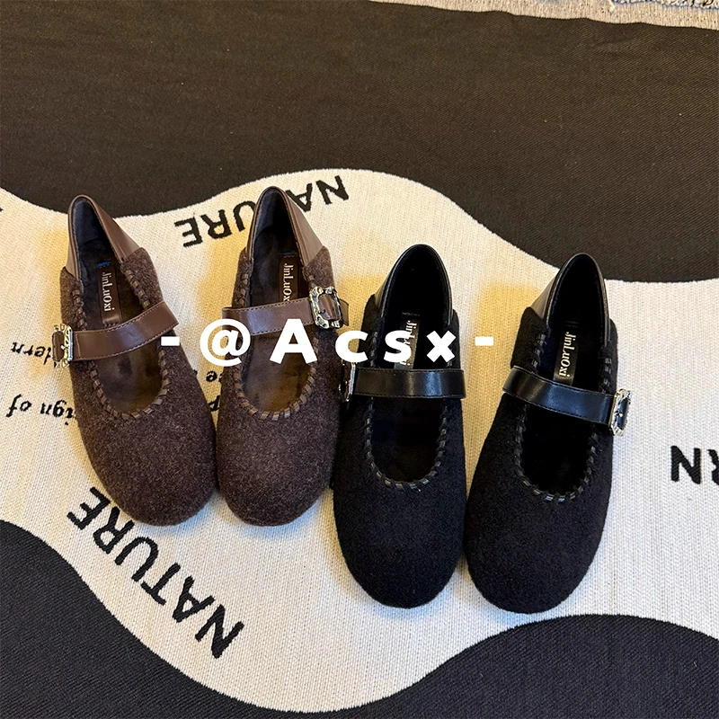 【阿茶】毛毡芭蕾~跟高2.5CM /2025秋冬新款圆头浅口加绒单鞋女