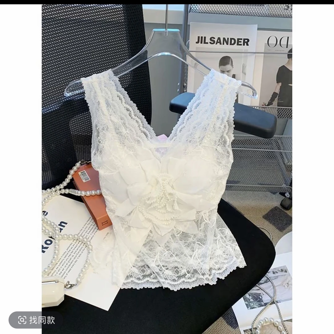 博雪服饰重工蕾丝吊带背心时尚修身百搭个性美背上衣
