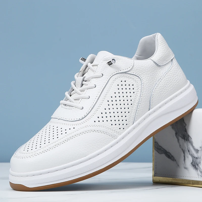 【免系带】打孔款头层牛皮洞洞款小白鞋男松紧带镂空懒人鞋男士板鞋