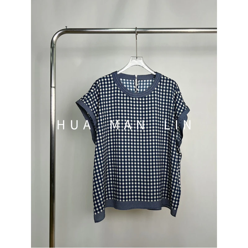 【花满林】圆领后扣蓝白格鬼绉真丝桑蚕丝连肩袖上衣251465