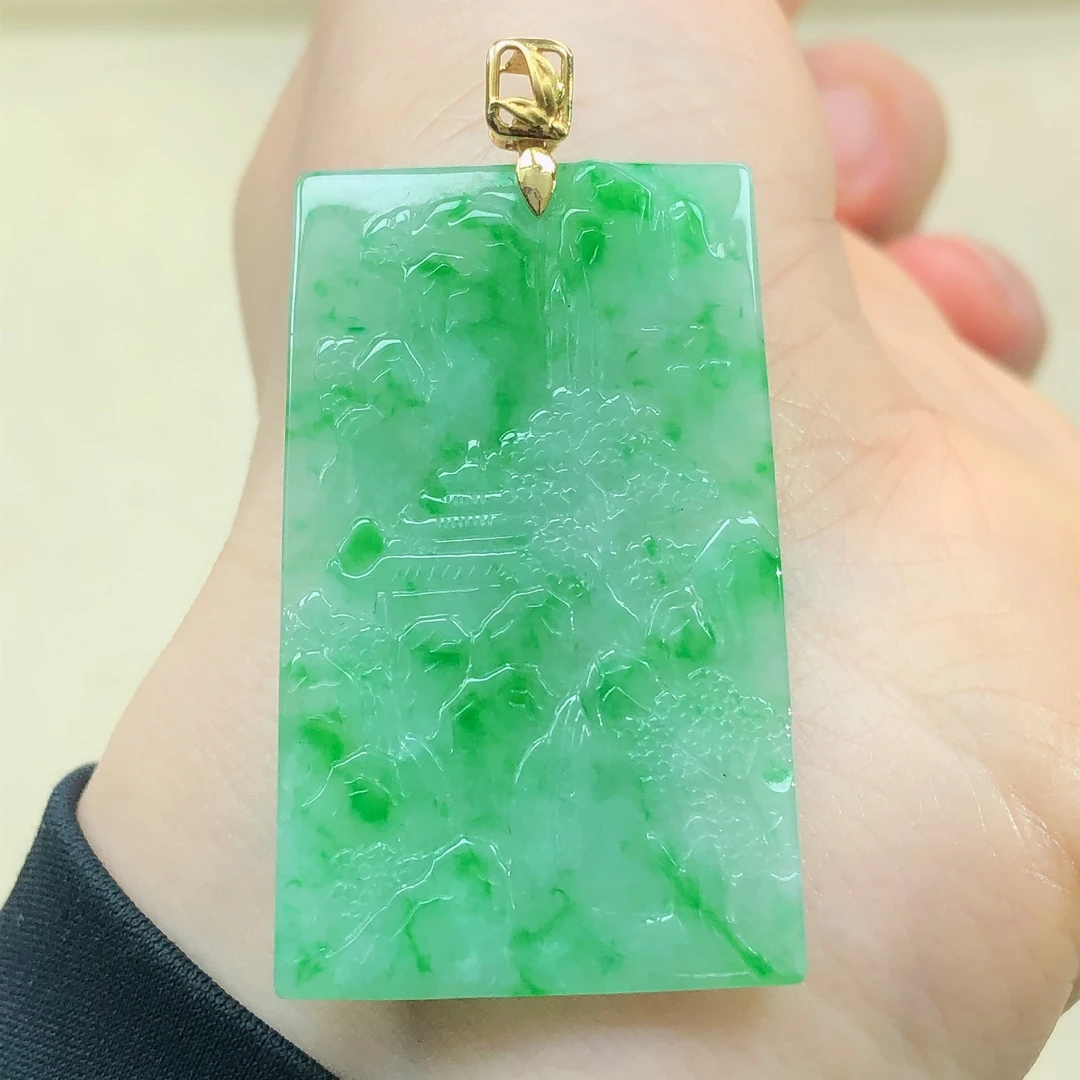 18k金镶嵌缅甸天然a货翡翠珠宝玉石冰种阳绿山水牌子吊坠直播间11