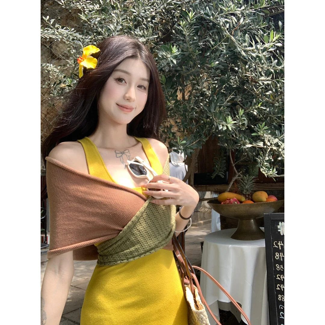 夏季新款气质修身U领吊带背心连衣裙女中长裙撞色披肩两件套套装