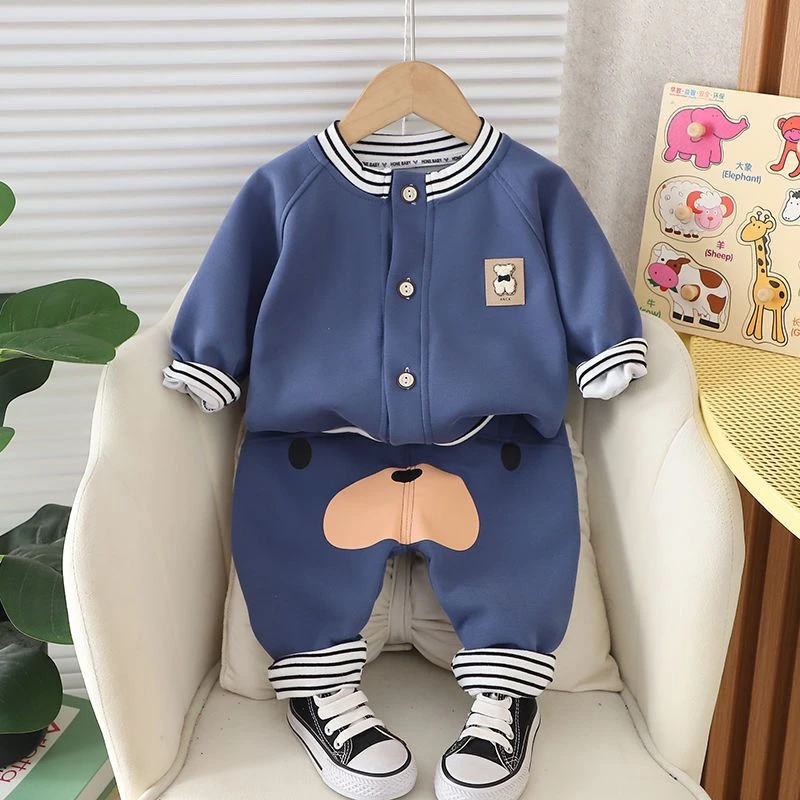 春秋宝宝套装卡通条纹高腰屁屁裤子套装儿童外套婴幼儿衣服春秋款