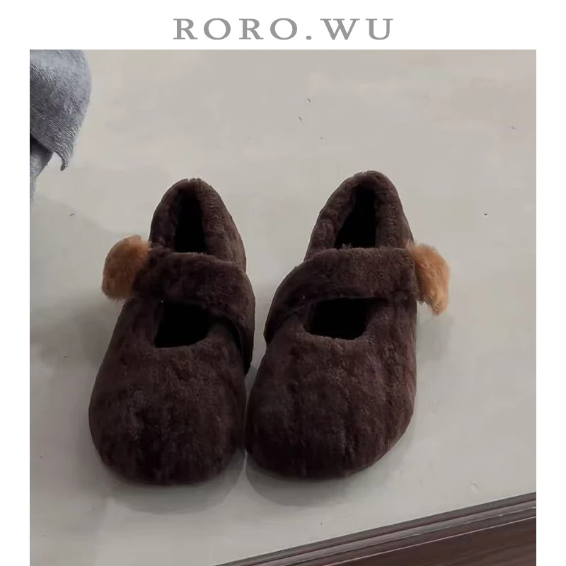 娆娆吴·羊羔毛复古休闲加绒保暖一字带毛毛鞋冬季新款单鞋女X04