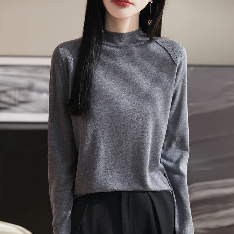 ~禾家同款~半高领女士莱赛尔天丝桑蚕丝精纺羊毛针织衫薄ZS95004