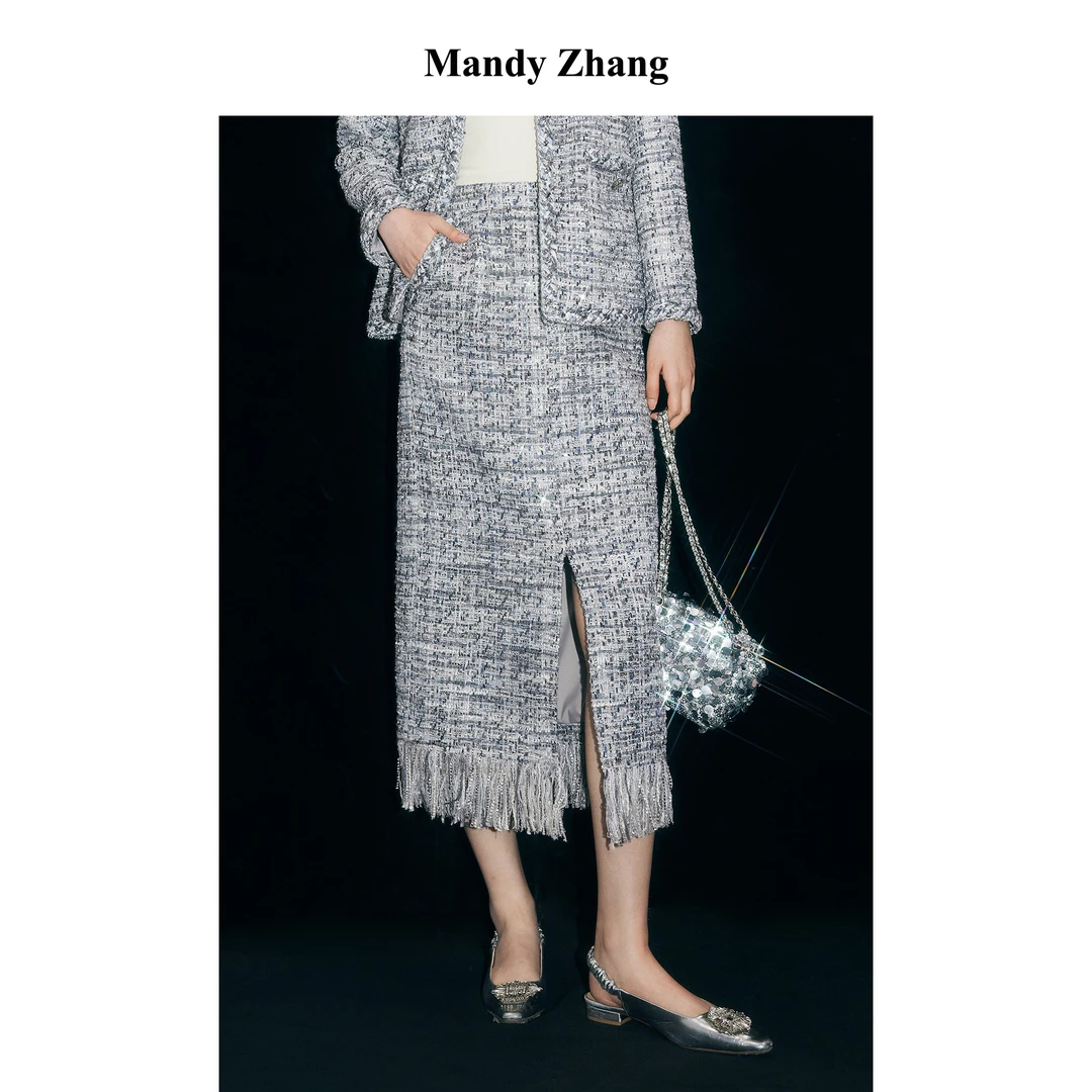 【CC王专属】MandyZhang半身裙女秋季千金开衩编织裙子MBQ1008