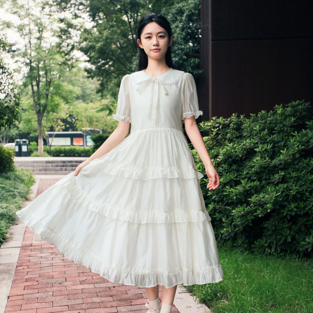 夏季纯色小清新长裙女装蕾丝学生显瘦连衣裙森系夏装甜美