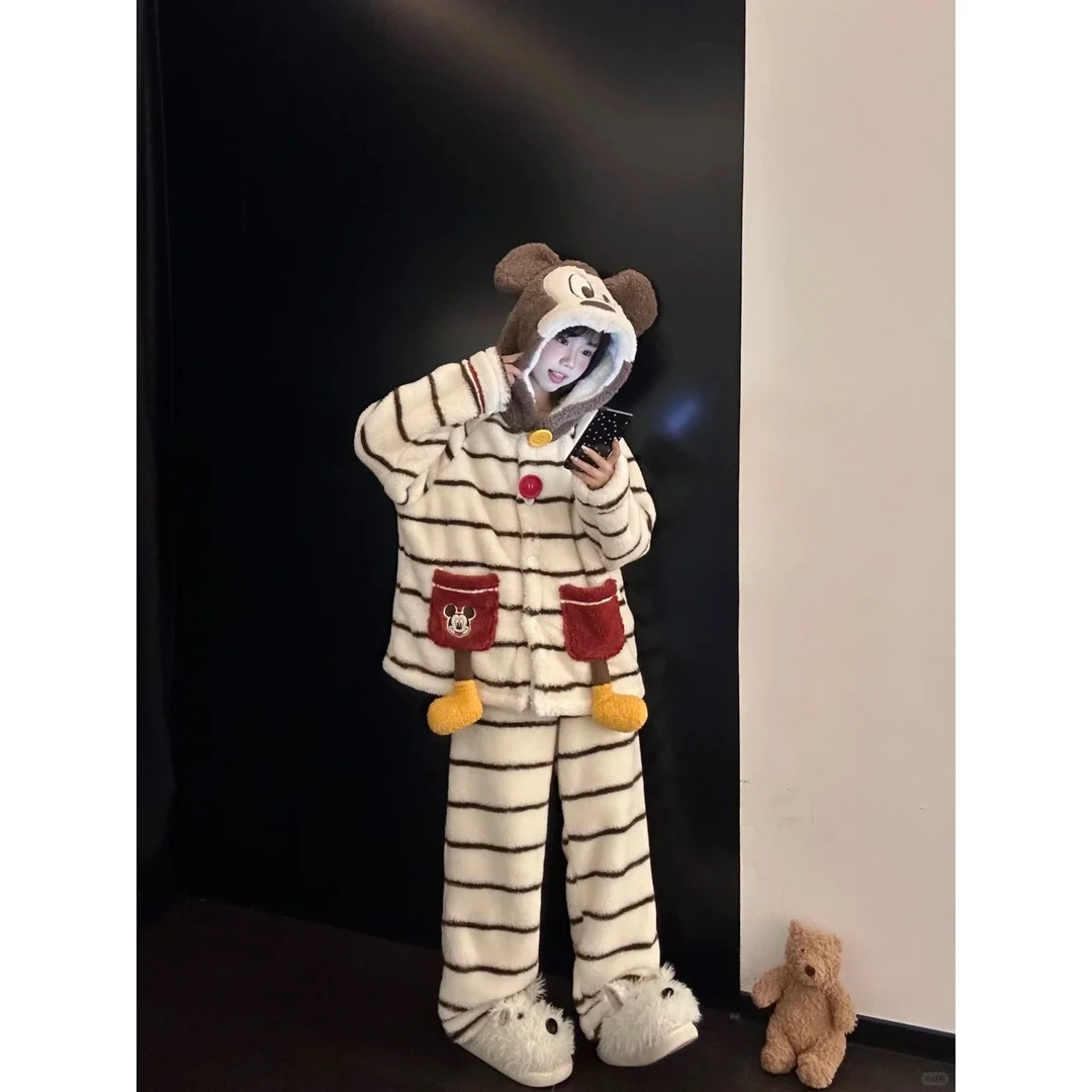 可爱卡通米奇开衫珊瑚绒冬季加厚保暖睡衣女款家居服可外穿套装款