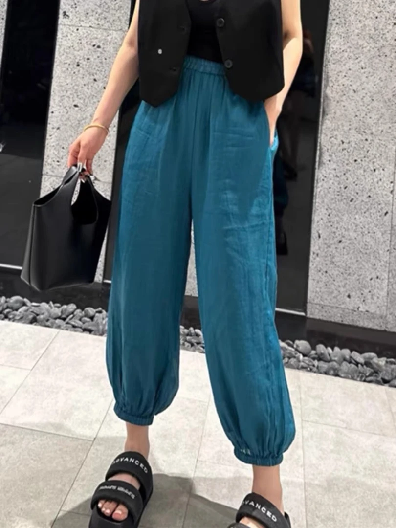 2025夏季新款蓝色九分裤女宽松显瘦百搭休闲哈伦裤子薄款