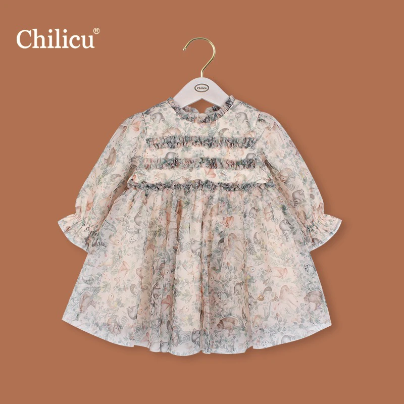 【屁姐】chilicu碎花森系洋气长袖秋季网纱连衣裙