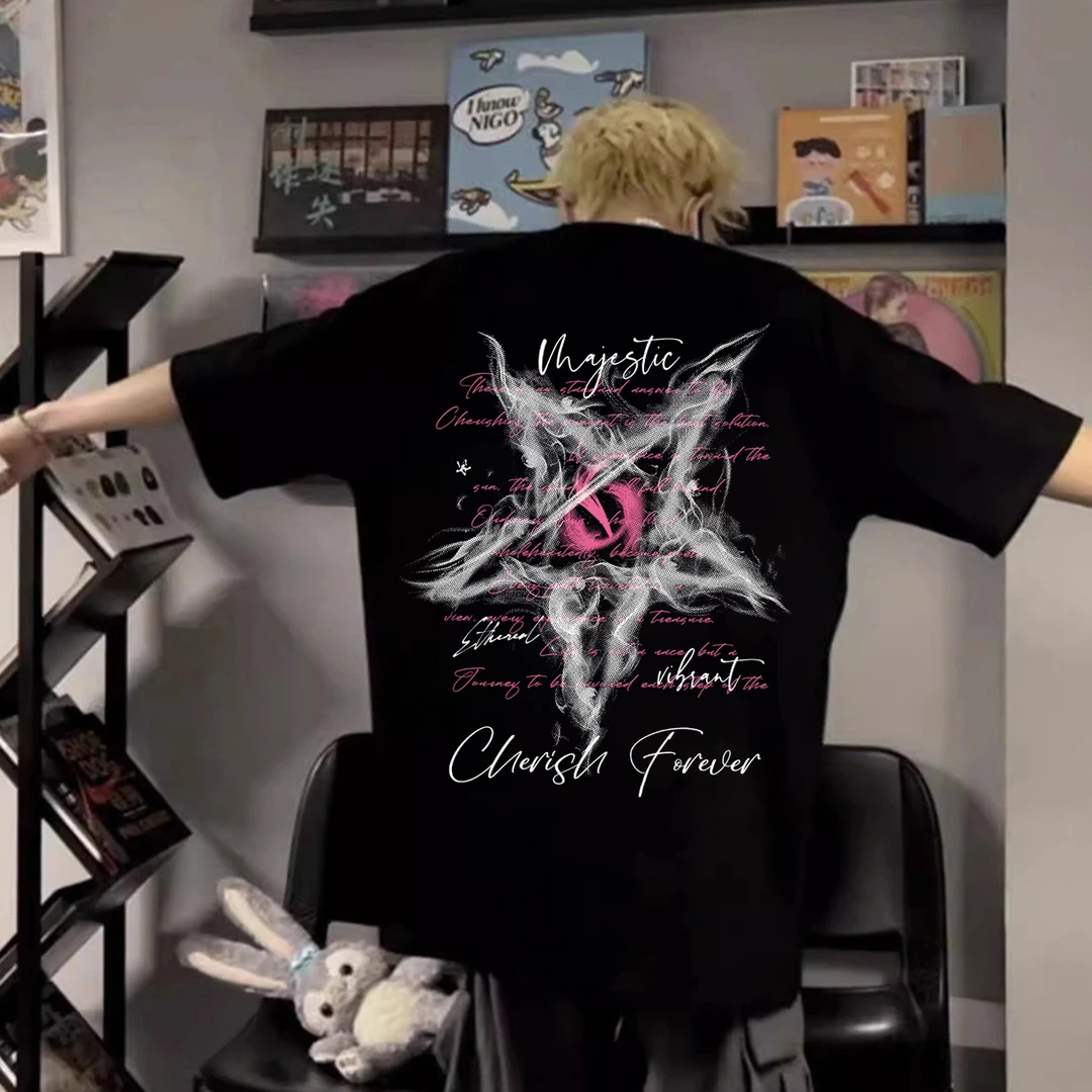 100%纯棉重磅短袖五角星设计感印花夏季男装T恤百搭上衣宽松潮牌i