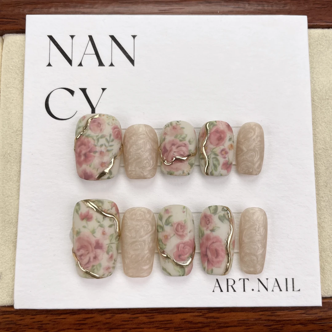 【花非落】纯手工穿戴甲-转印贴花复古丝绒磨砂美甲贴片