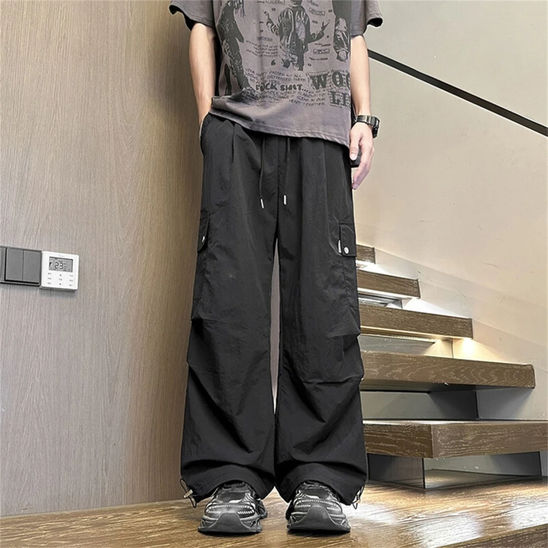 美式复古大口袋褶皱工装裤男女中腰直筒阔腿冰丝速干休闲拖地长裤
