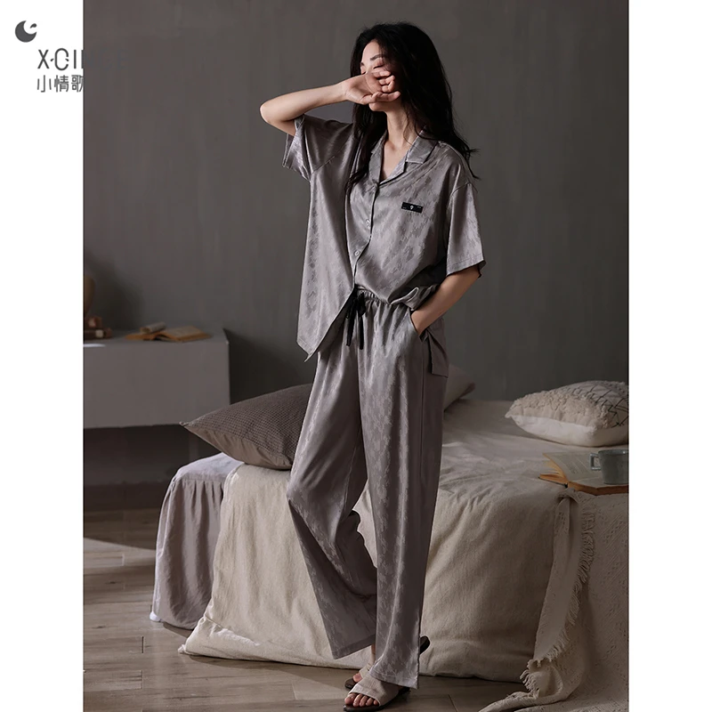 带胸垫冰丝睡衣女防凸点短袖长裤夏天开衫女士家居服套装薄款