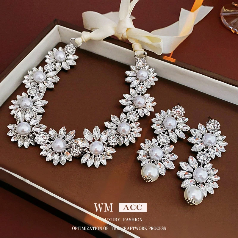 镶钻花朵丝带珍珠项链小众轻奢精致耳环锁骨链百搭感