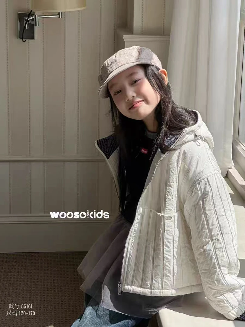 [高品质]新款深秋夹棉连帽韩系格子拼接棉服外套