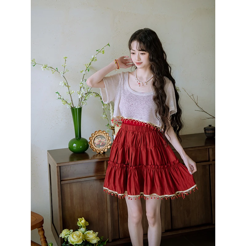 南风谷【香料曲】灵动少女国风针织短袖罩衫重工大摆荷叶边半身裙