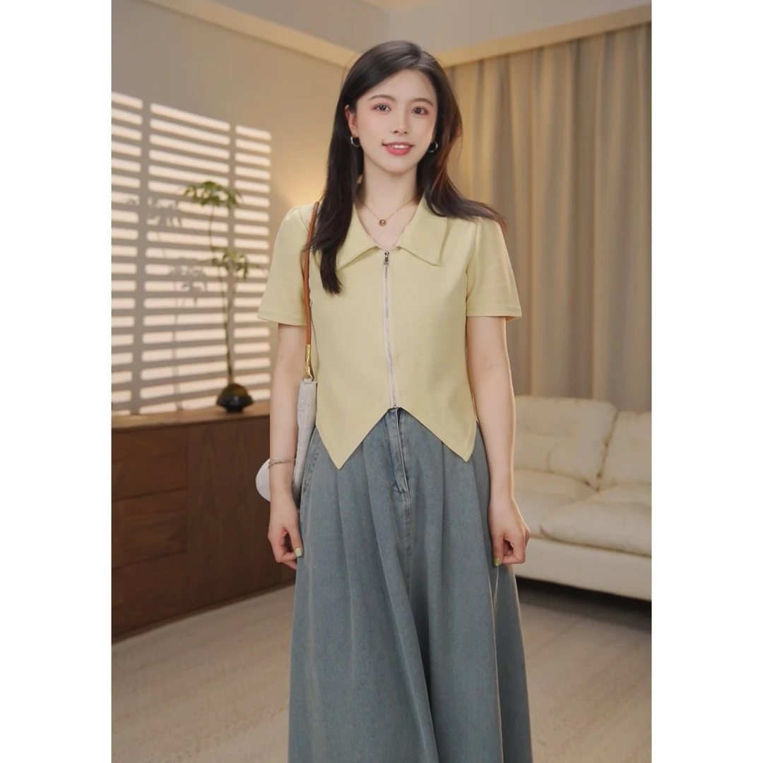 圆圆【三角T】显瘦气质百搭短款修身纯色时尚拉链polo衫 YY 7924