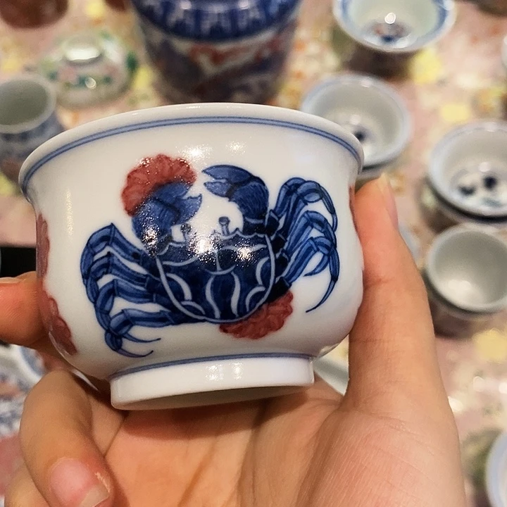 陶摆件螃蟹青花釉里红杯