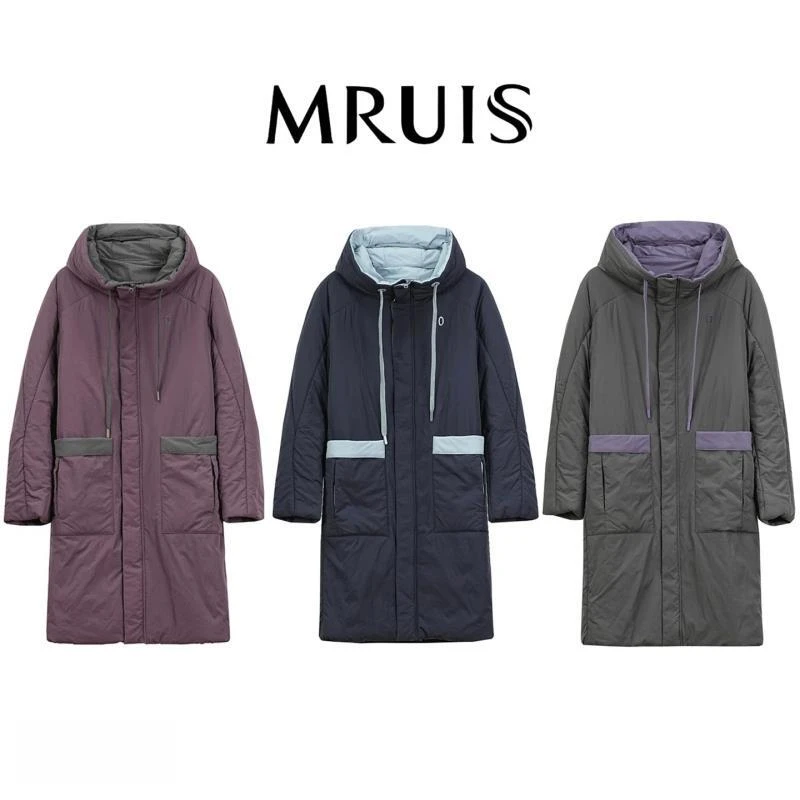 MRUIS 商场同款100绵羊毛中长款外套宽松连帽加厚保暖拼接棉衣