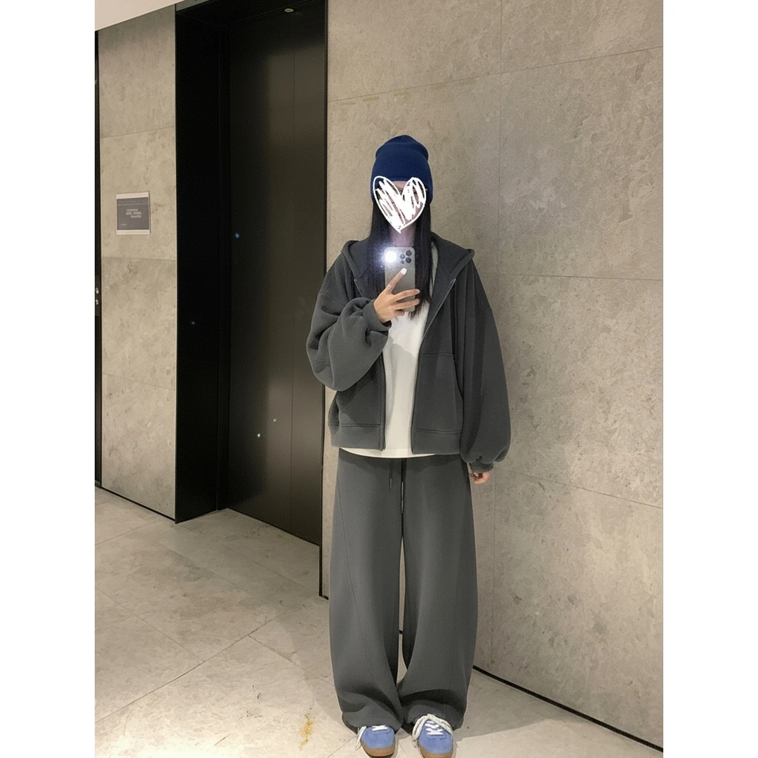 灰色连帽卫衣外套女冬季加绒加厚慵懒风休闲宽松美式复古上衣套装