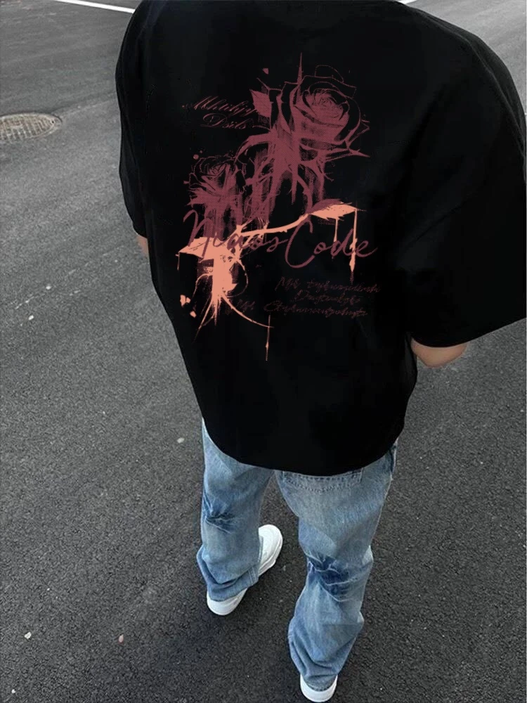 100%纯棉重磅美式印花高品质圆领短袖T恤玫瑰花夏季款简约潮牌T恤