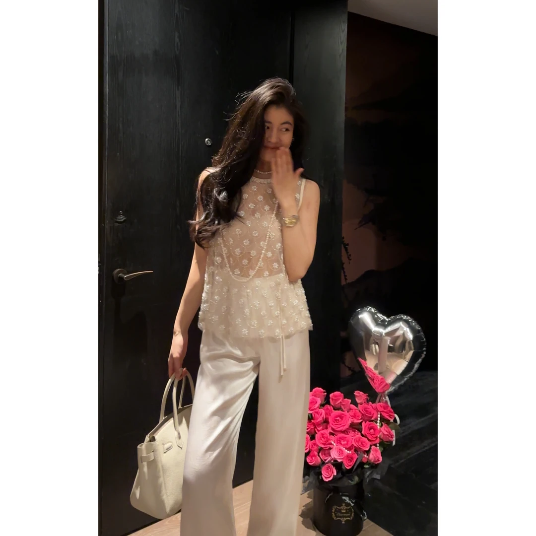 N.COU妮蔻25夏新款小众别致设计感鱼鳞片钉珠亮片透视上衣DY80552