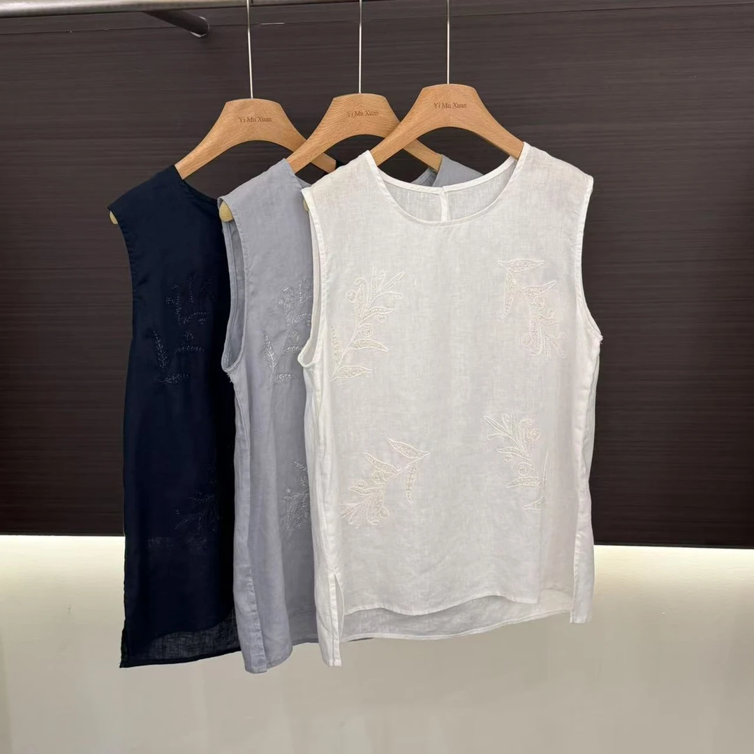 朵朵 100亚麻百搭休闲风刺绣小衫