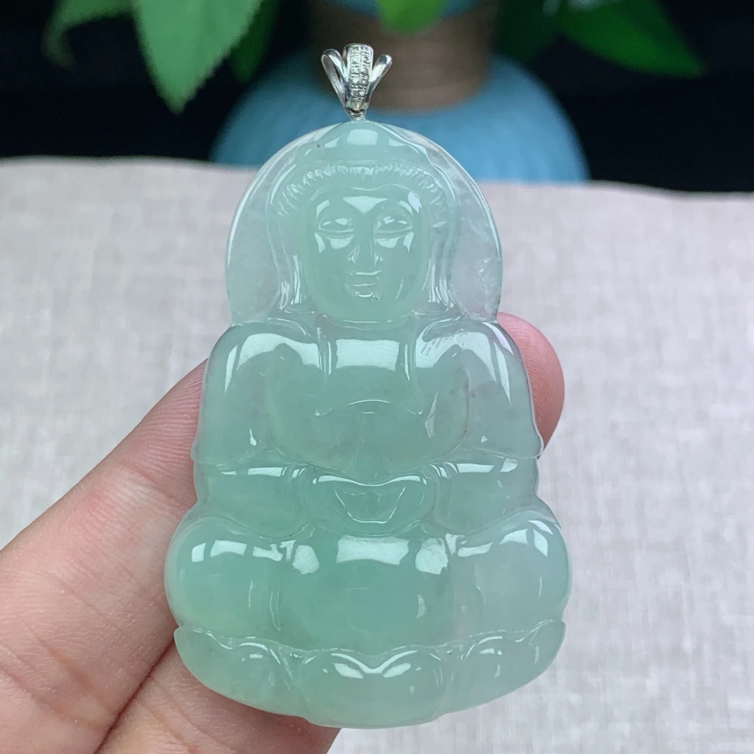 缅甸天然翡翠A货55.6-36.8-5.6玉石冰种甜绿观音菩萨吊坠礼物镶嵌