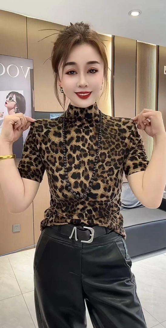 豹纹有弹力耐磨短袖半袖时尚显瘦洋气T恤通勤常规百搭气质