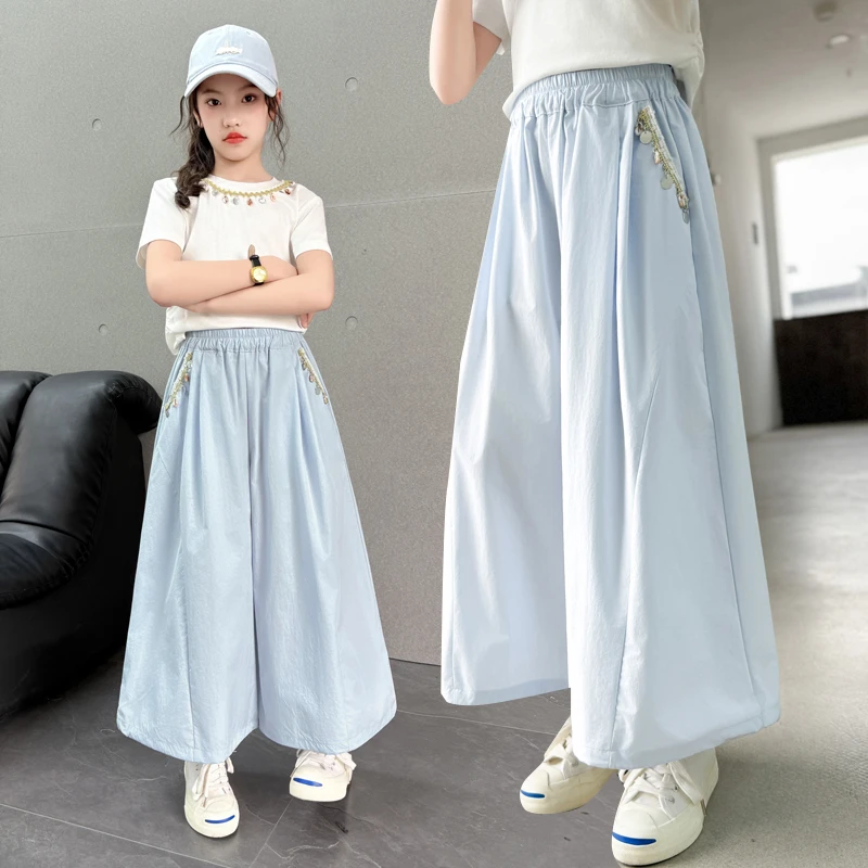 女童防蚊裤子夏季2025新款中大童薄款阔腿裤女孩洋气裙裤两件套潮