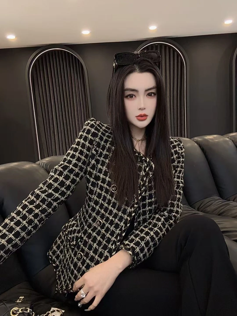 DGLS小香风千鸟格双排扣短款羊毛外套#203006#