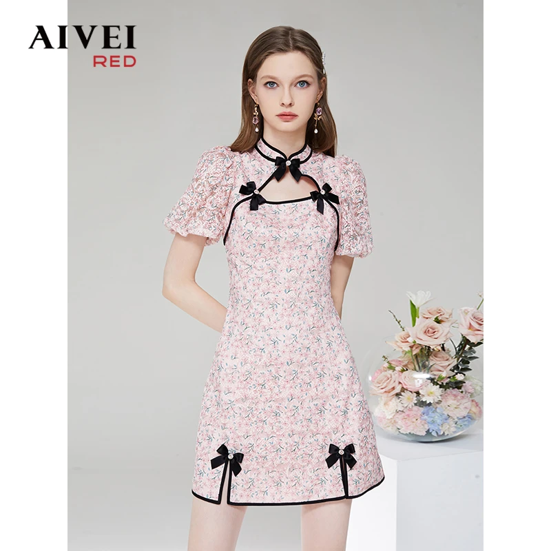 AIVEI艾薇复古修身莫奈花园风连衣裙Q036S031