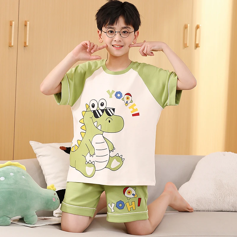 儿童睡衣男孩夏季短袖吸汗透气薄款纯色棉家居服男孩套装短裤夏天