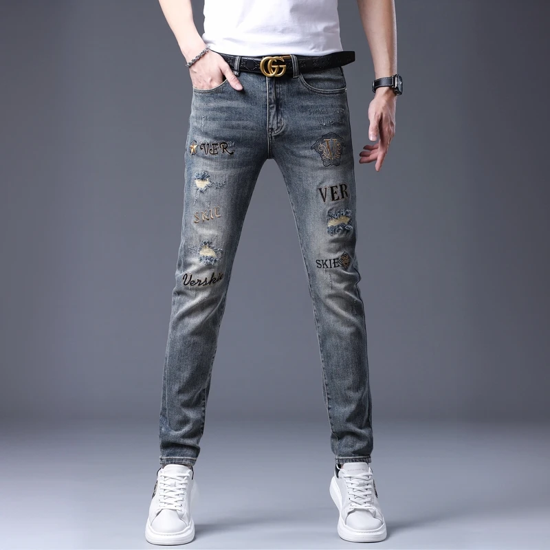 HAESONMENEAT哈逊梅奈高端秋季新款刺绣男牛仔裤休闲时尚潮流长裤