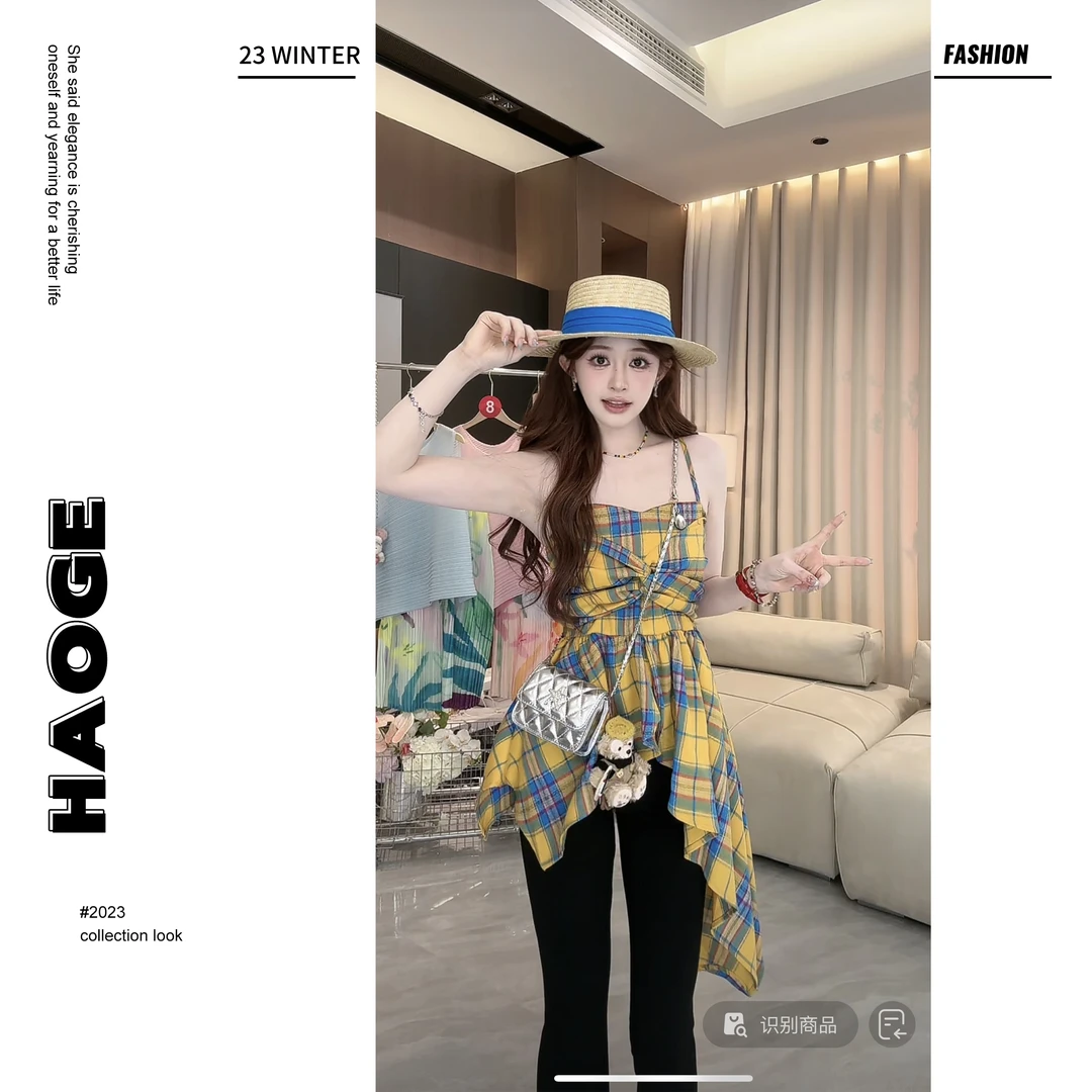 冉冉定制●多巴胺格子X4SY0857A时尚格纹不规则中式上衣