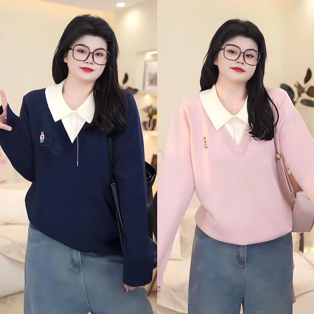 大码女装【80-180斤】Polo领洋气撞色刺绣打底衫宽松显瘦针织毛衣女