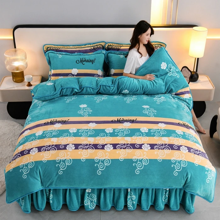 加厚加密加绒牛奶绒四件套8~9斤防静电双面绒被套床裙床单床品