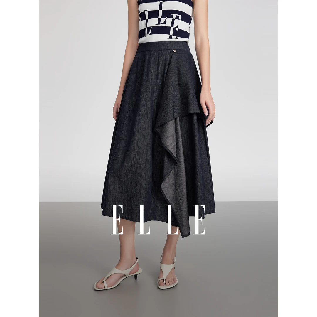 ELLE法式荷叶边牛仔蓝半身裙女2025夏新款不规则优雅EL51523