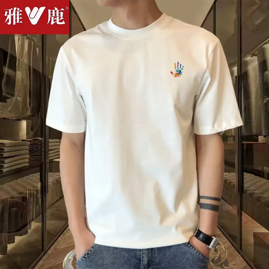 雅鹿夏季男士纯棉短袖t恤男女同款圆领潮流韩版宽松印花体恤男