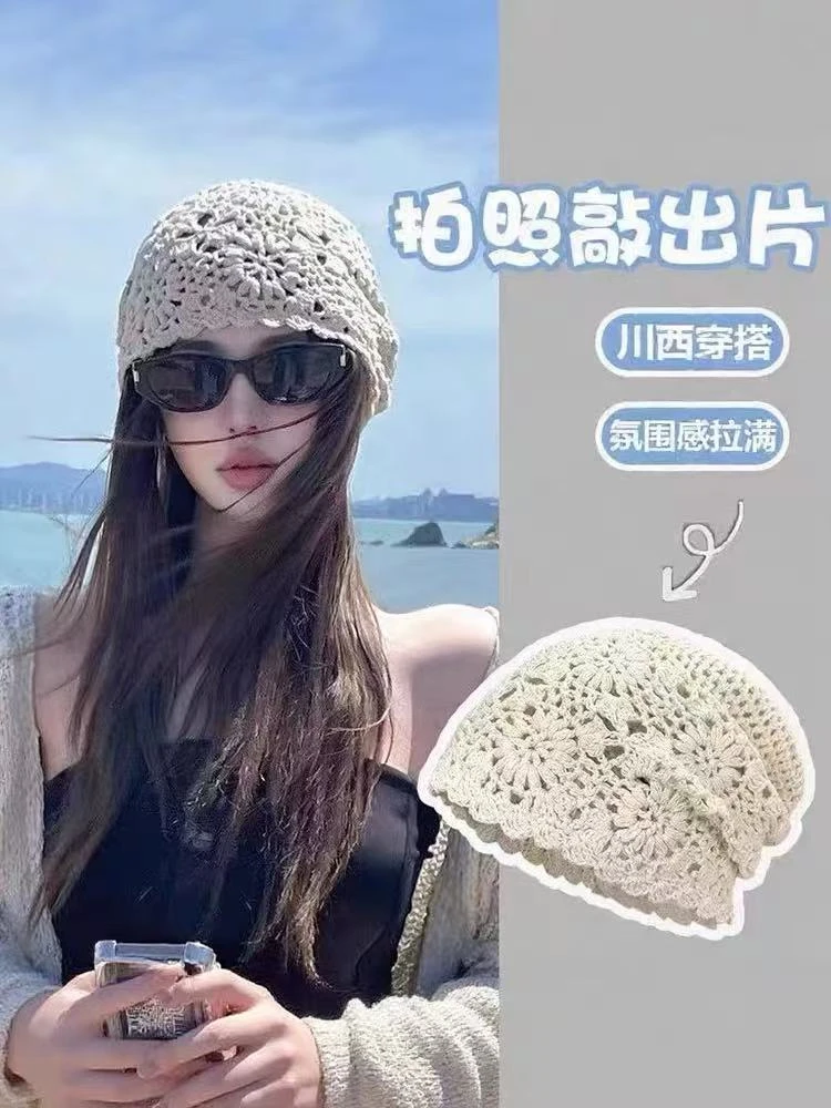 2024新款春夏天薄款镂空手工钩花针织帽子夏季女士时髦薄款包头帽