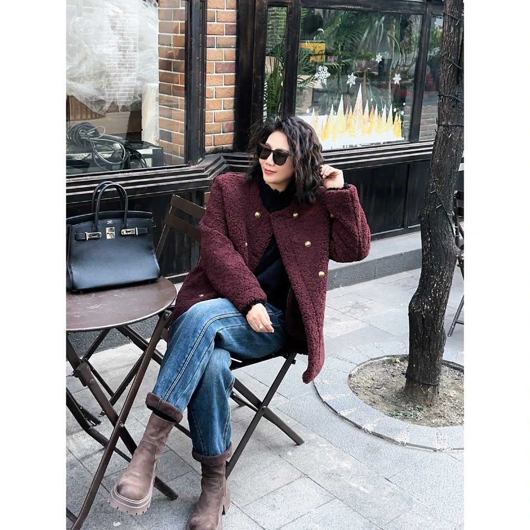 微胖女装【暖意相拥】秋冬外套加厚保暖云朵绒双排扣外套39093