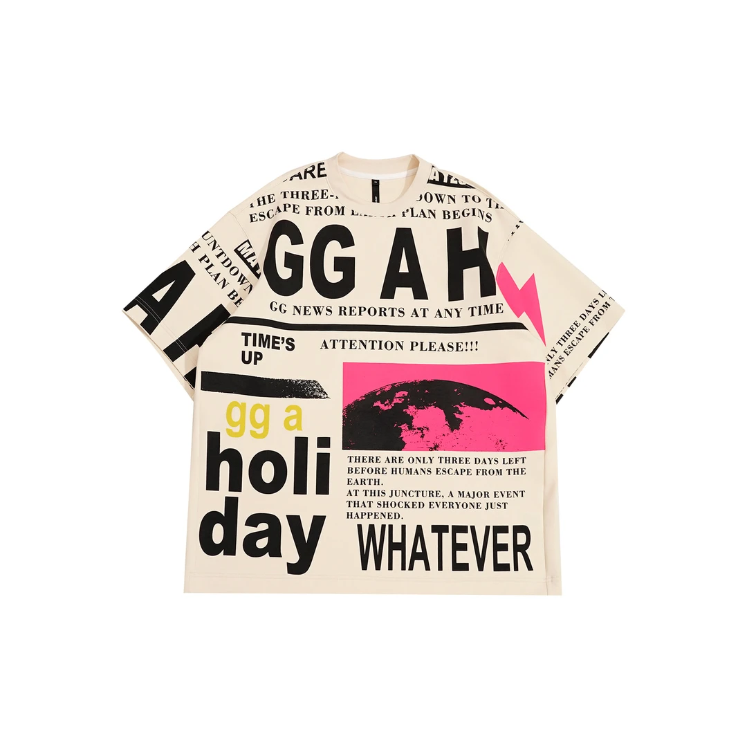 GGAHOLIDAY潮流复古宽松休闲时尚圆领满印百搭新款短袖T恤-152050