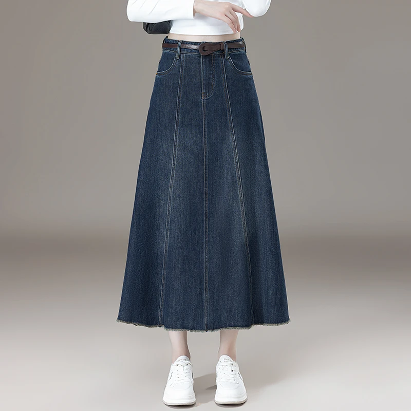 今年流行怀旧复古牛仔半身裙女2025秋新款高腰遮肉显瘦毛边A字裙