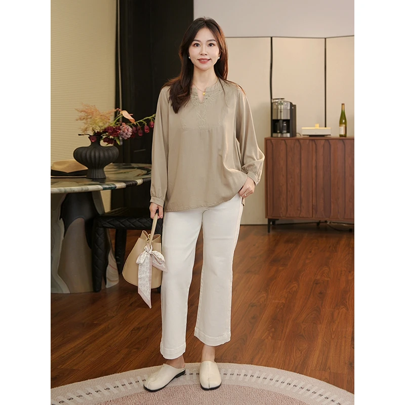 【猫猫】田园素色 莱赛尔天丝刺绣薄款衬衫女秋显瘦长袖上衣MC5901