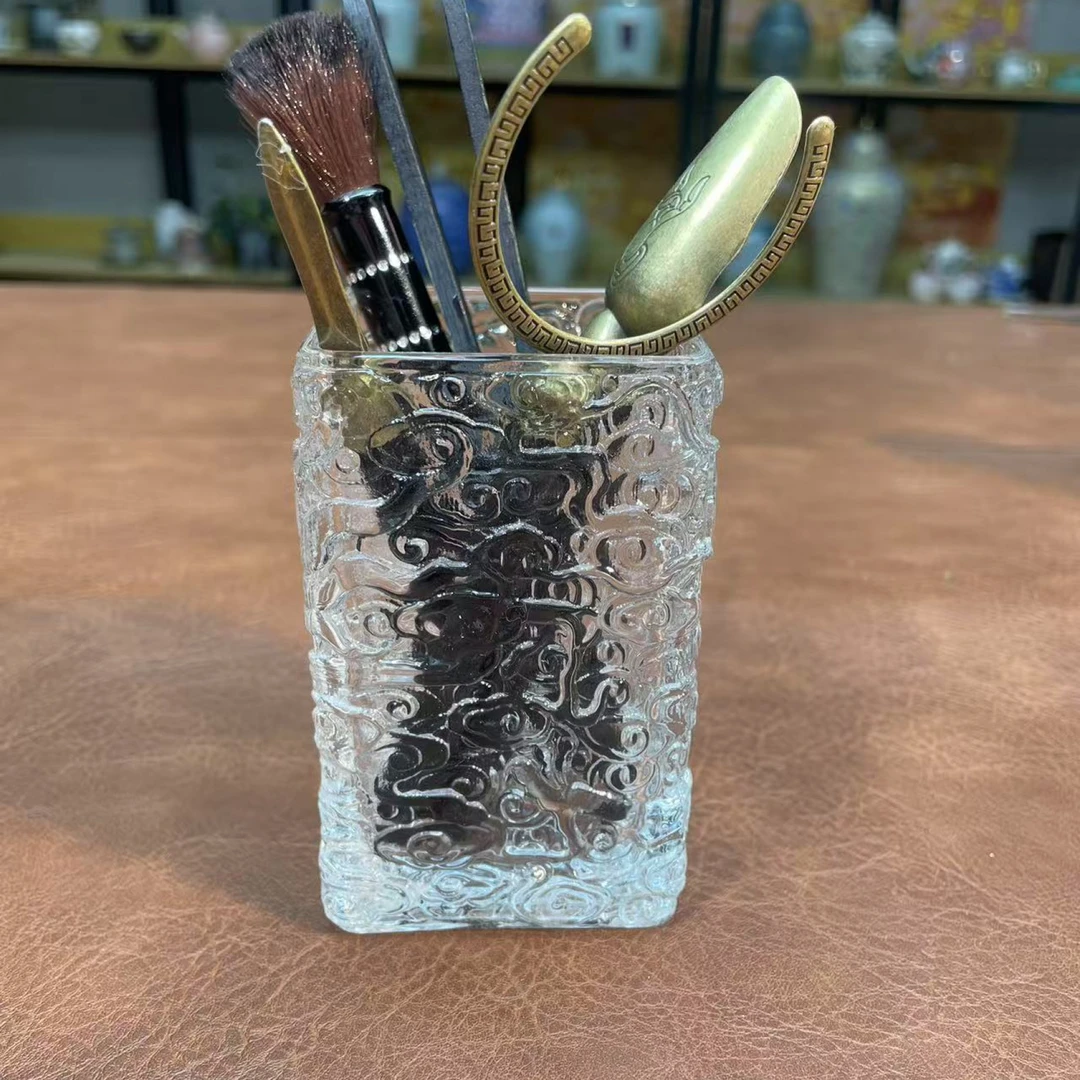 桃子茶器 水晶玻璃-祥云浮雕-茶道筒 梅花茶剪-1907（直播专享）