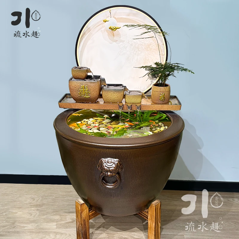 流水趣日进斗金陶瓷缸上流水古法生态缸摆件高品质懒人新手养鱼缸
