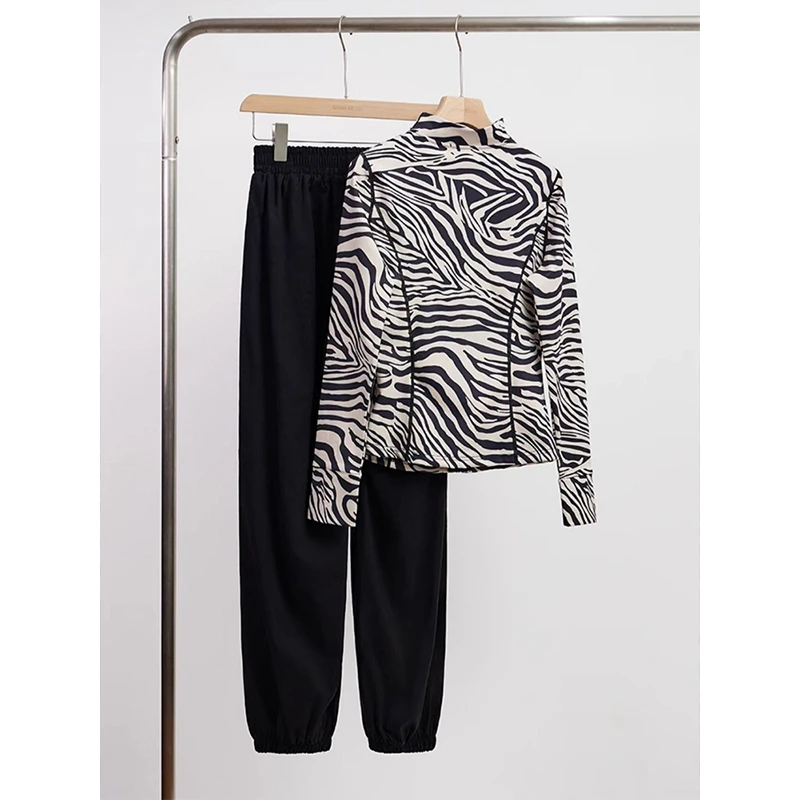 春秋2025年新款套装女韩版时尚拉链开衫斑马纹长袖外套长裤一整套