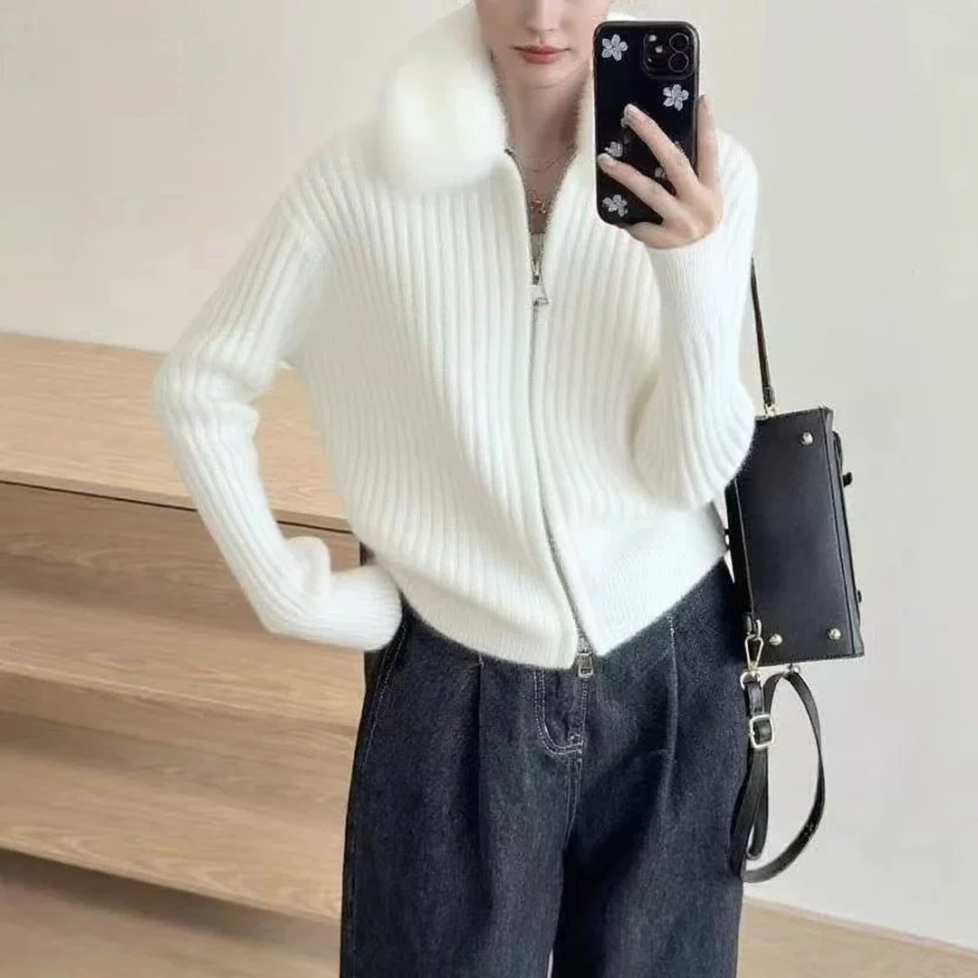 法式可拆卸毛领白色拉链毛衣外套女秋冬季加厚宽松慵懒风针织开衫